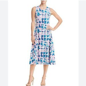Donna Karan Blue, Turquoise, Purple & White Sleeveless Tie Dye Midi Dress